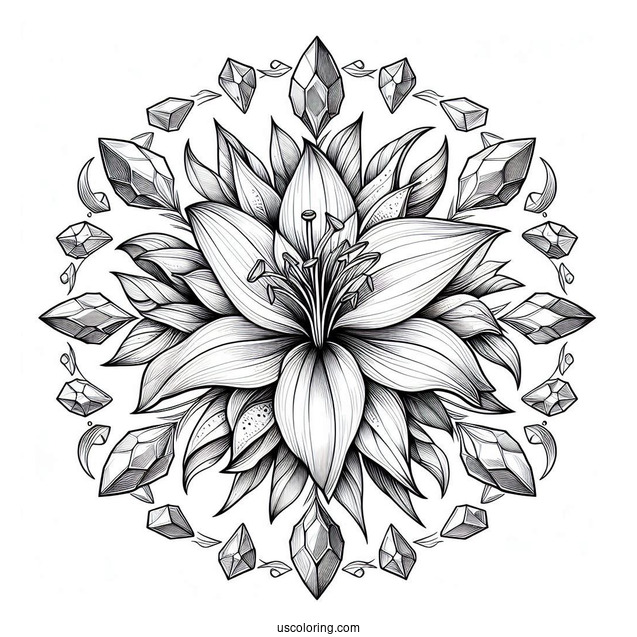 Tropical Lily Flower Mandala Coloring Page With Crystals