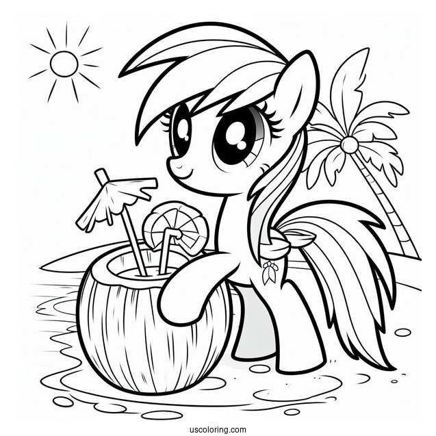Rainbow Dash Coloring Page Holding Up Coconut Drink At The Beach