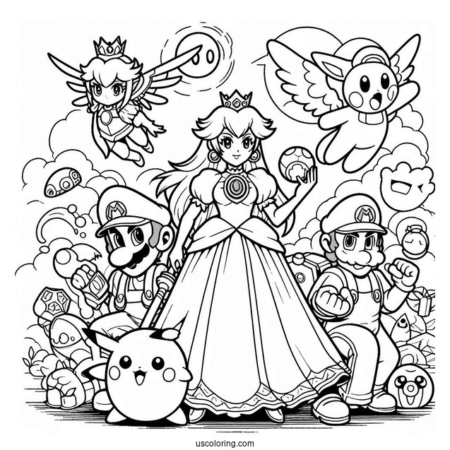 Super Smash Bros Coloring Page Of Princess Peach, Mega Man, Zelda, Samus, Mario, Kirby, Pikachu, And Ness