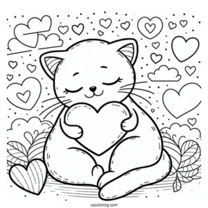 Cat Embracing Heart Coloring In