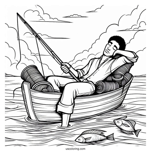 Man Sleeping On A Boat While Fishing Coloring Page In The Sea