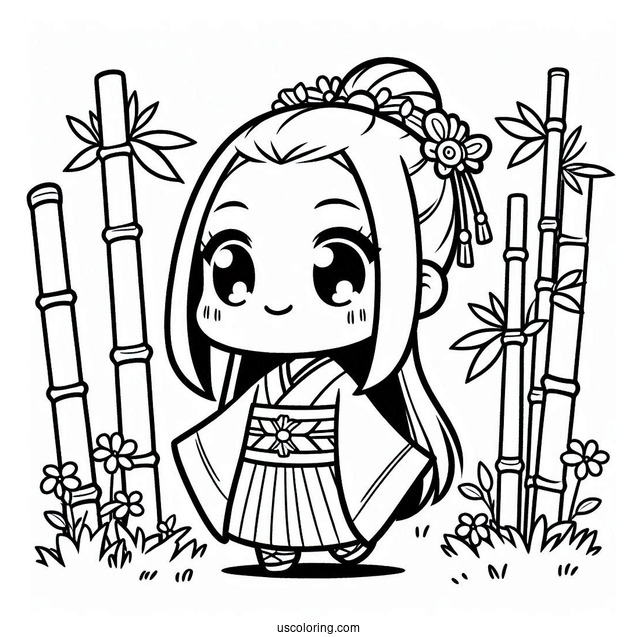 Chibi Nezuko Coloring Page In Bamboo Forest For Preschoolers