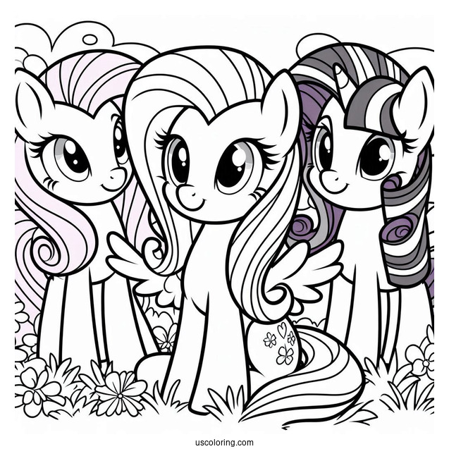 Smiling Fluttershy, Rarity, and Twilight Sparkle in Field