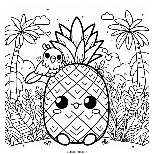 Kawaii Pineapple Coloring Page With Parrot in Tropical Jungle For Kids