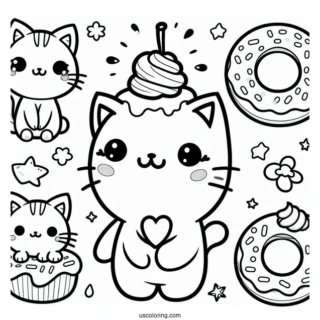 Cat Themed Kawaii Donut Coloring Page