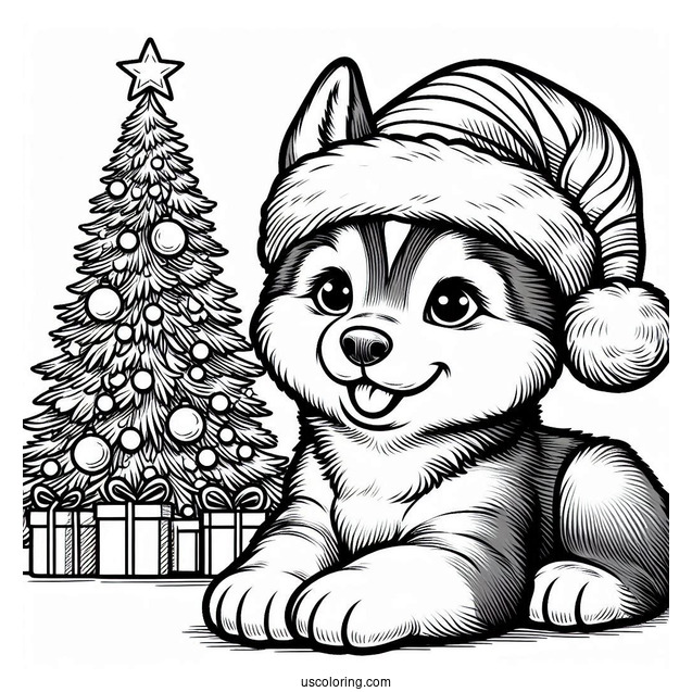 Husky Wearing Santa Hat In Front Of Christmas Tree Coloring Page