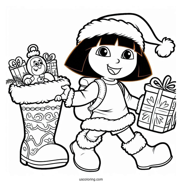 Dora With Boots And Santa Coloring Sheet
