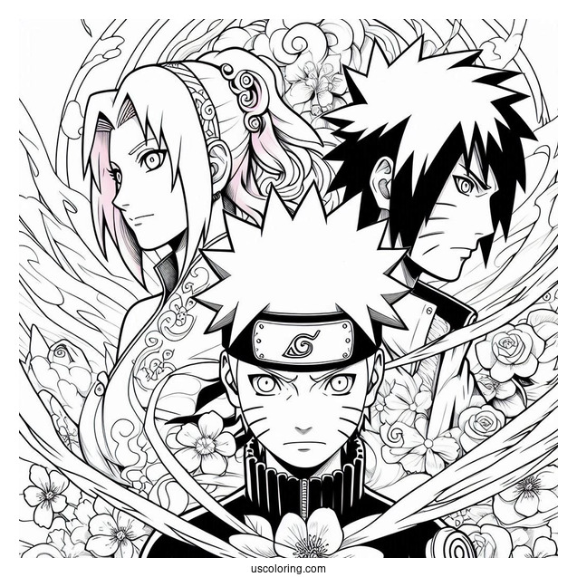 Naruto Coloring Page With Sasuke, Sakura, And Kakashi In Fight