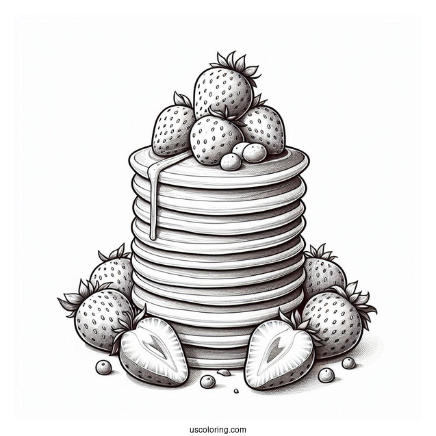 Realistic Mini Pancake Coloring Page Tower With Large Strawberries