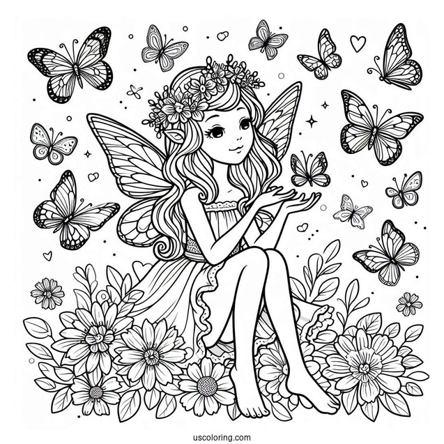 Fairy Playing With Tiny Butterflies Coloring Page