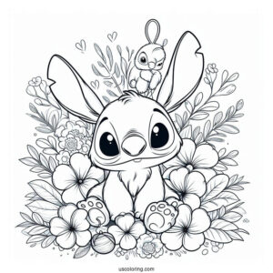 Furry Rabbit Coloring Page With Stitch Surrounded By Flowers