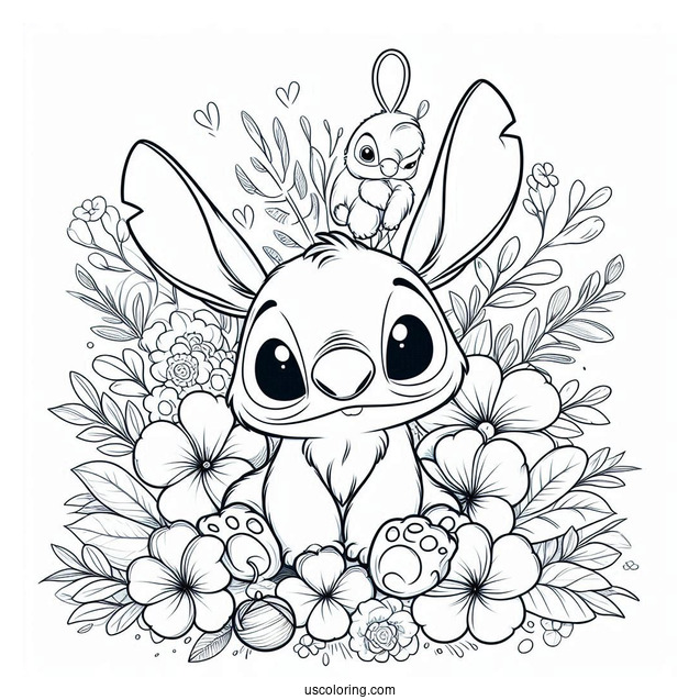 Furry Rabbit Coloring Page With Stitch Surrounded By Flowers