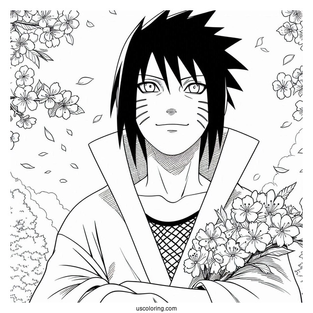 Uchiha Sasuke Coloring Page Smiling At Cherry Blossoms