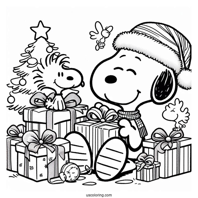 Snoopy And Woodstock Unwrapping Gifts During Christmas