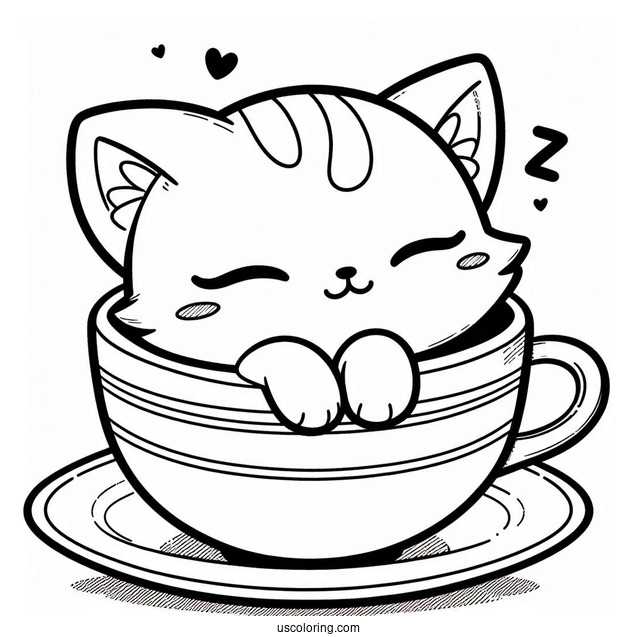 Sleepy Chibi Coloring Page Cat Resting Inside a Teacup For Preschoolers