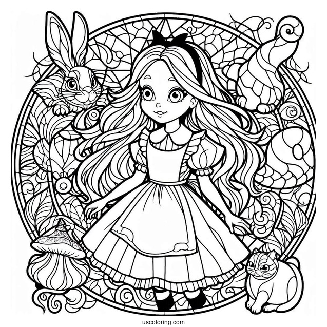Alice In Wonderland With The Rabbit And The Cheshire Cat Stained Glass Coloring Page