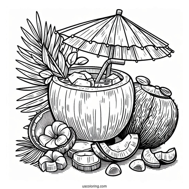 Delicious Coconut Coloring Page Drink With Paper Parasol And Fruit Slices