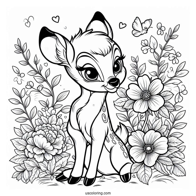 Detailed Coloring Sheet Of Bambi With Flower And Violet