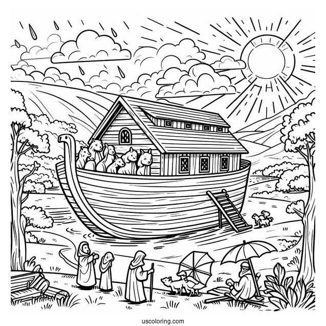 Noah's Ark Coloring Page Of His Family Building The Ark