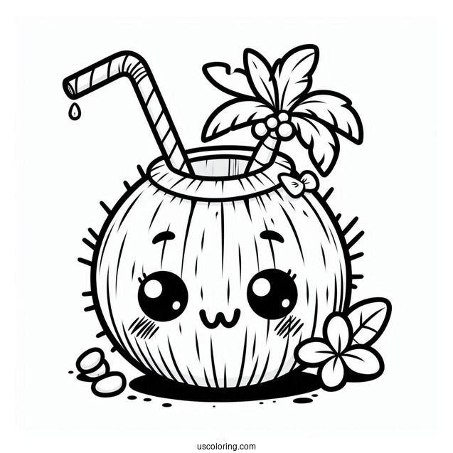 Cartoon Coconut Coloring Page Drink With Straw For Preschoolers