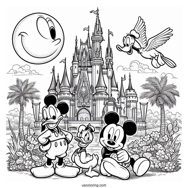Mickey Mouse And Donald Duck With Pluto Coloring Page Outside Disney Castle