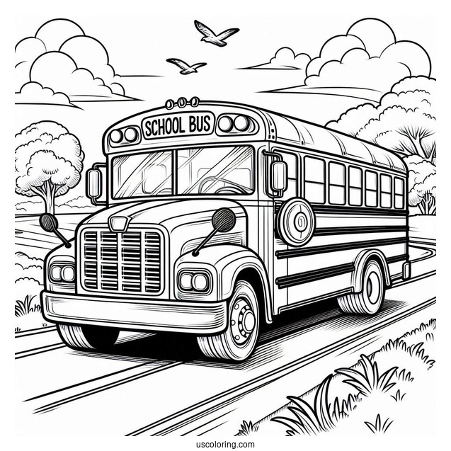 School Bus Driving On Road