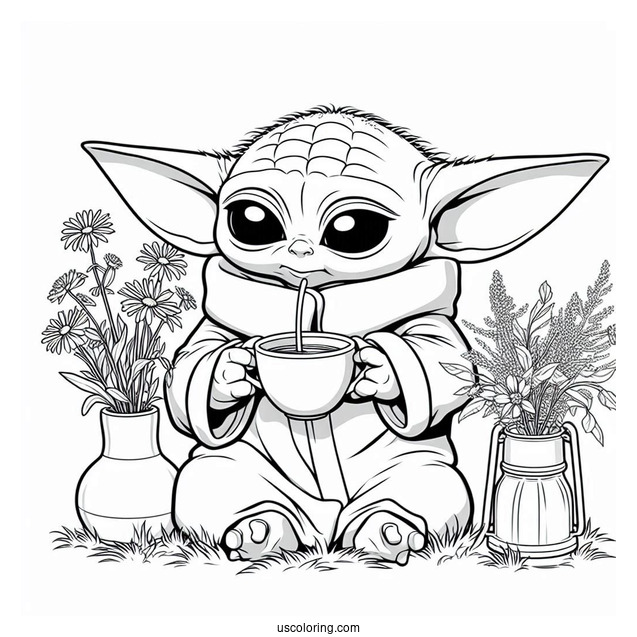 Baby Yoda Drinking Tea To Color