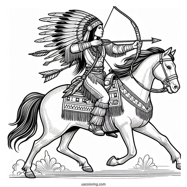 Native American Coloring Page Chief Shooting Arrow While Riding Horse