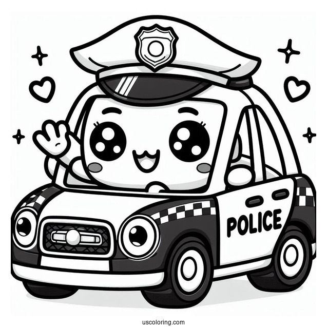 Kawaii Police Car Coloring Page With An Officer Inside Waving For Preschoolers