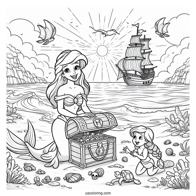Treasure And Ariel Playing At The Beach Coloring Page
