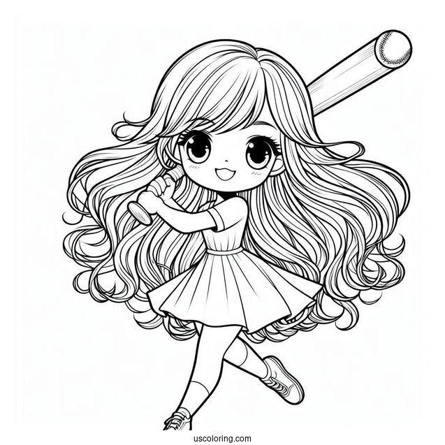 Girl With Long Hair Swinging Baseball Coloring Page Bat For Preschoolers