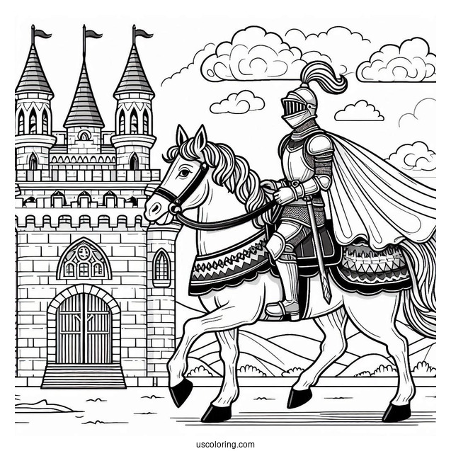 Knight On A Horse Riding To A Castle Coloring Page