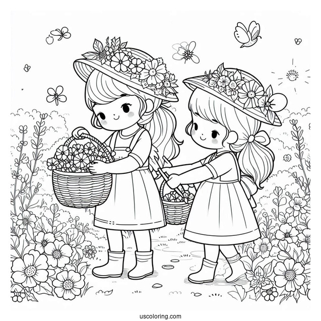 Two Little Girls Harvesting Flowers In Spring Coloring Page For Kids