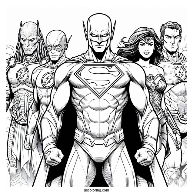 Justice League Coloring Page Of Martian Manhunter, Superman, Green Lantern, Wonder Woman, Batman, Aquaman, And The Flash