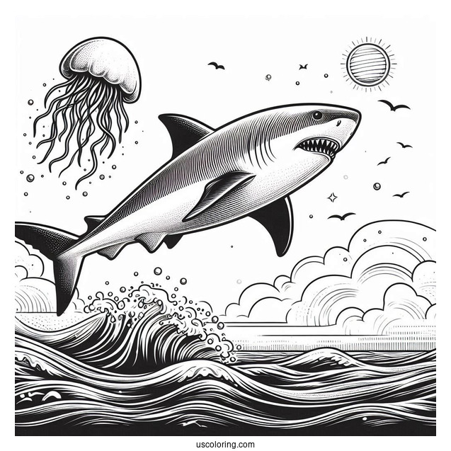 Big Shark Coloring Page Jumping Out Of Ocean