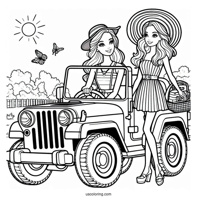 Barbie And Friend In Jeep To Color