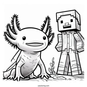 Axolotl Coloring Page Standing Beside Minecraft Steve