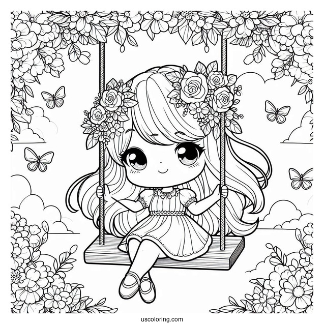 Kawaii Girl On Floral Swing In Spring Coloring Page Coloring Page For Kids