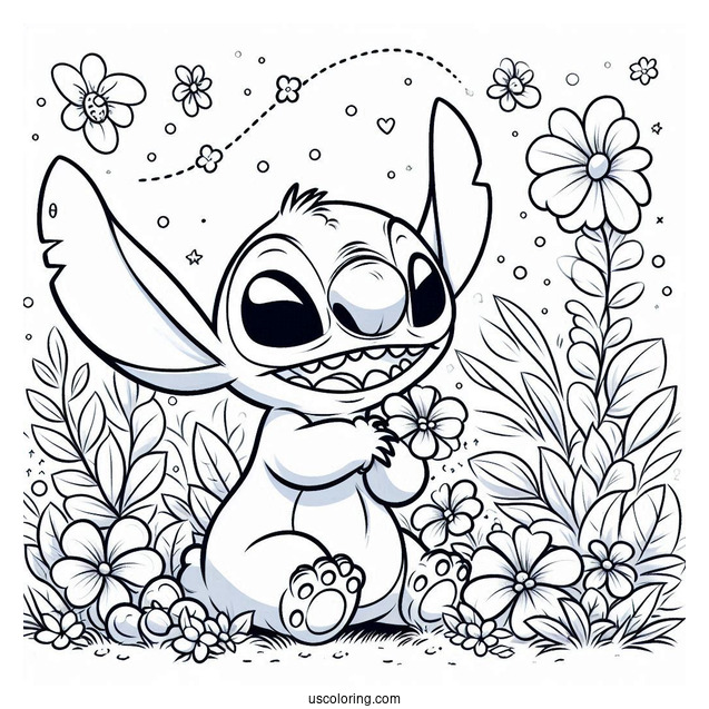 Stitch Smiling At Flowers In Spring Coloring Page