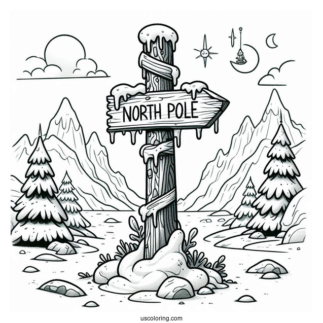Simple North Pole Coloring Page Sign Post Covered In Ice