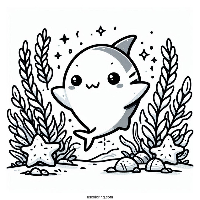Chibi Shark Coloring Page With Seaweed