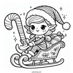 Cute Elf Riding Candy Cane Sleigh