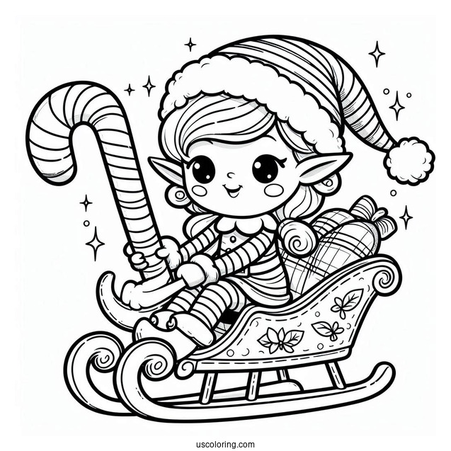 Cute Elf Riding Candy Cane Sleigh