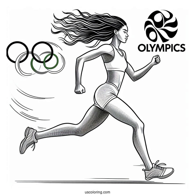 Athlete Running With Olympics Coloring Page Of Logo Above Her