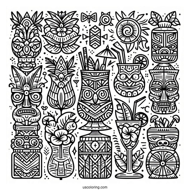Hawaiian Tiki And Cocktails Pattern Coloring Page