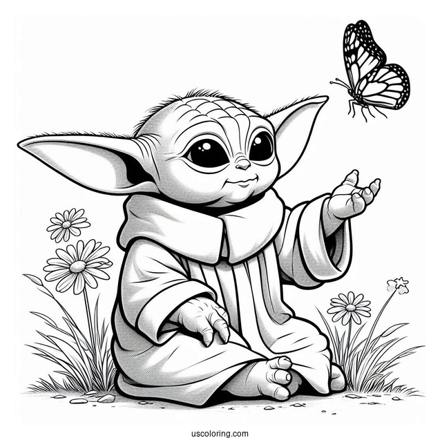 Loveable Baby Yoda Looking At Butterfly