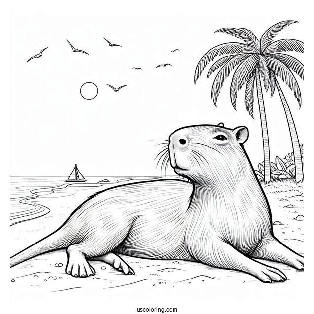Capybara Coloring Page Sunbathing At Beach