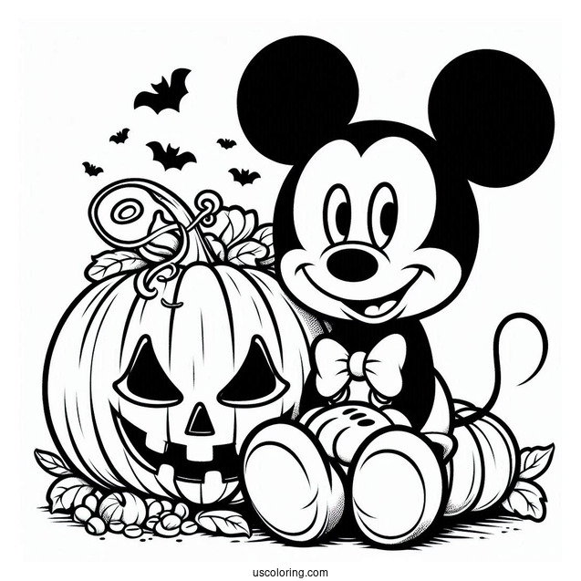 Mickey Mouse With Halloween Pumpkin Coloring Page To Color