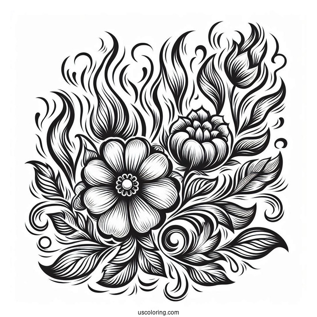Flower And Flames Pattern Coloring Sheet