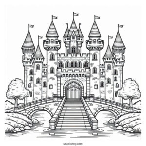 Front View Of A Castle Coloring Page With Bridge And Moat